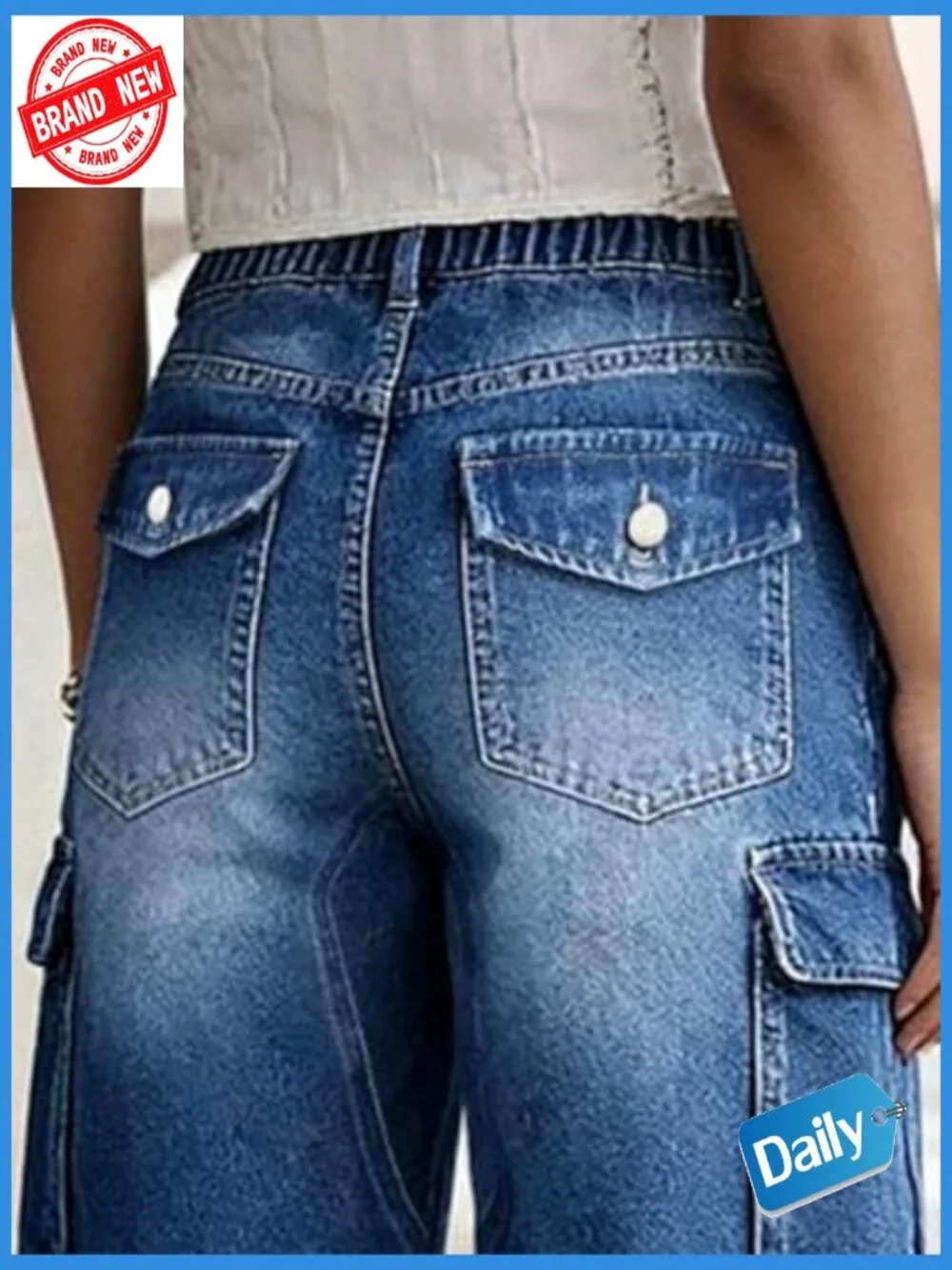 High Rise Cargo Bermuda Denim Shorts with Flap Pockets